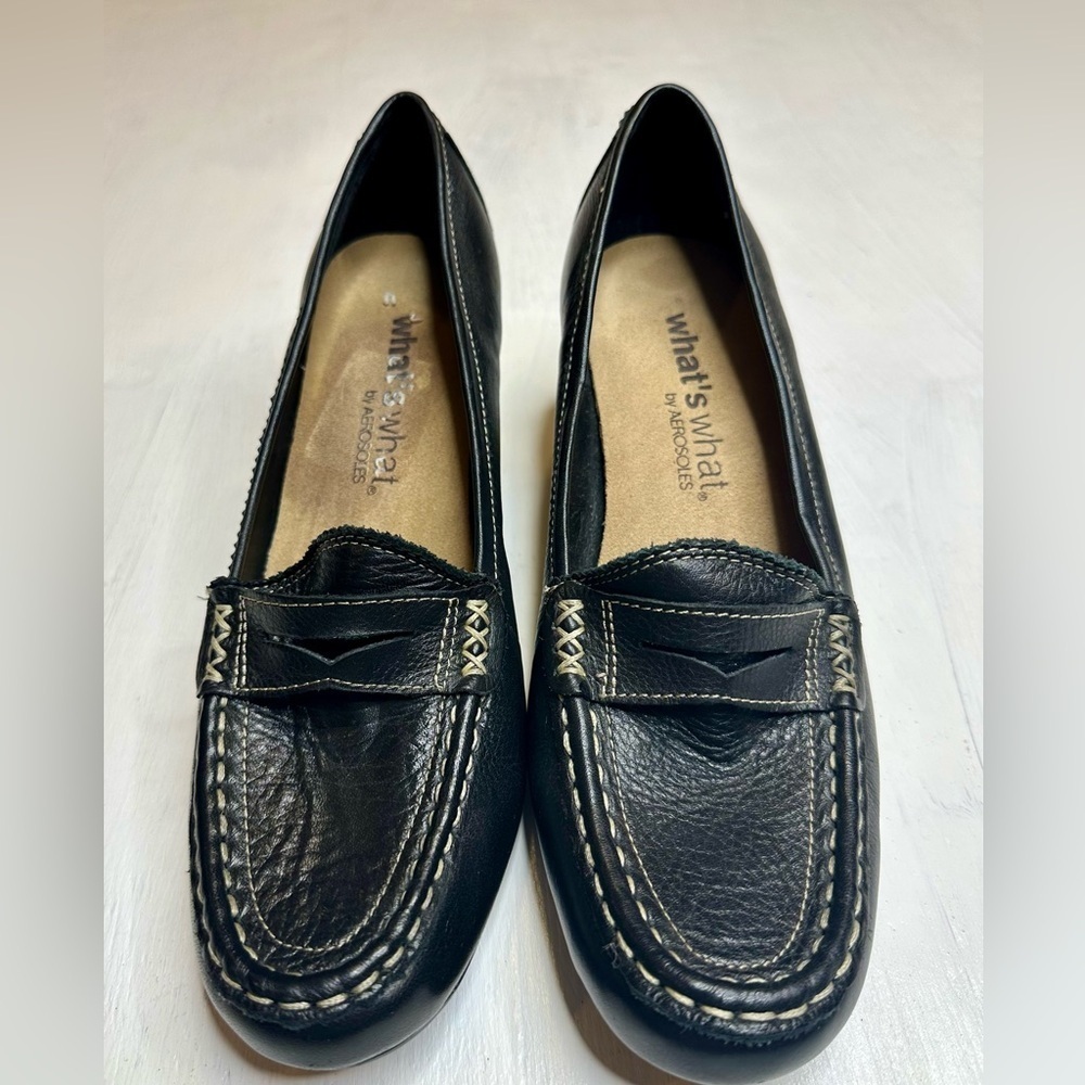 What’s What Aerosoles Black Leather Wedge Loafers Women’s 8 Twine N Dine